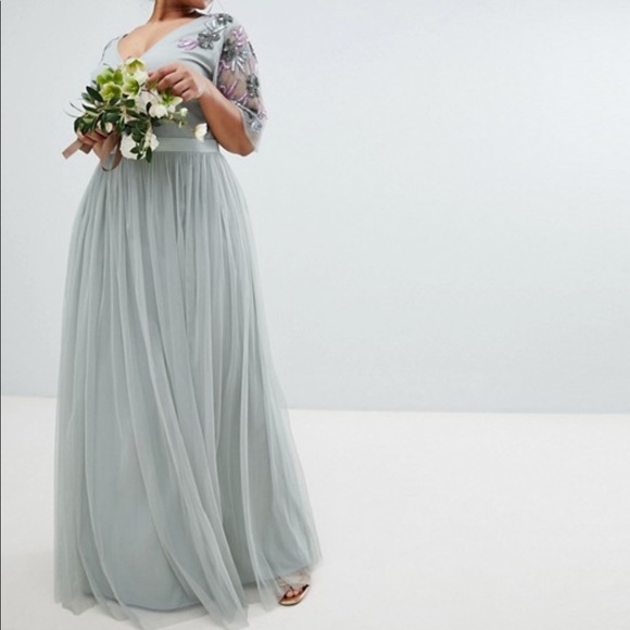 maya embellished tulle sleeve maxi tulle dress in green
